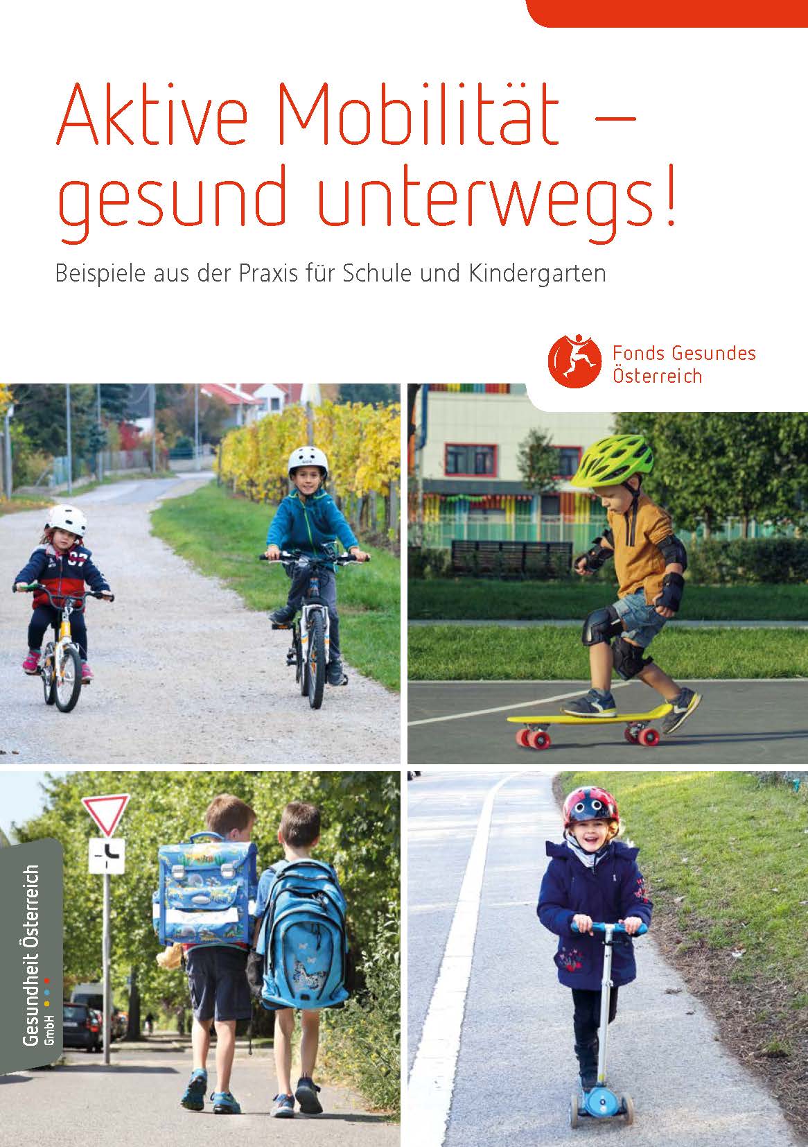 Titelseite Broschüre "Aktive Mobilität - gesund unterwegs! Beispiele aus der Praxis für Schule und Kindergarten"
