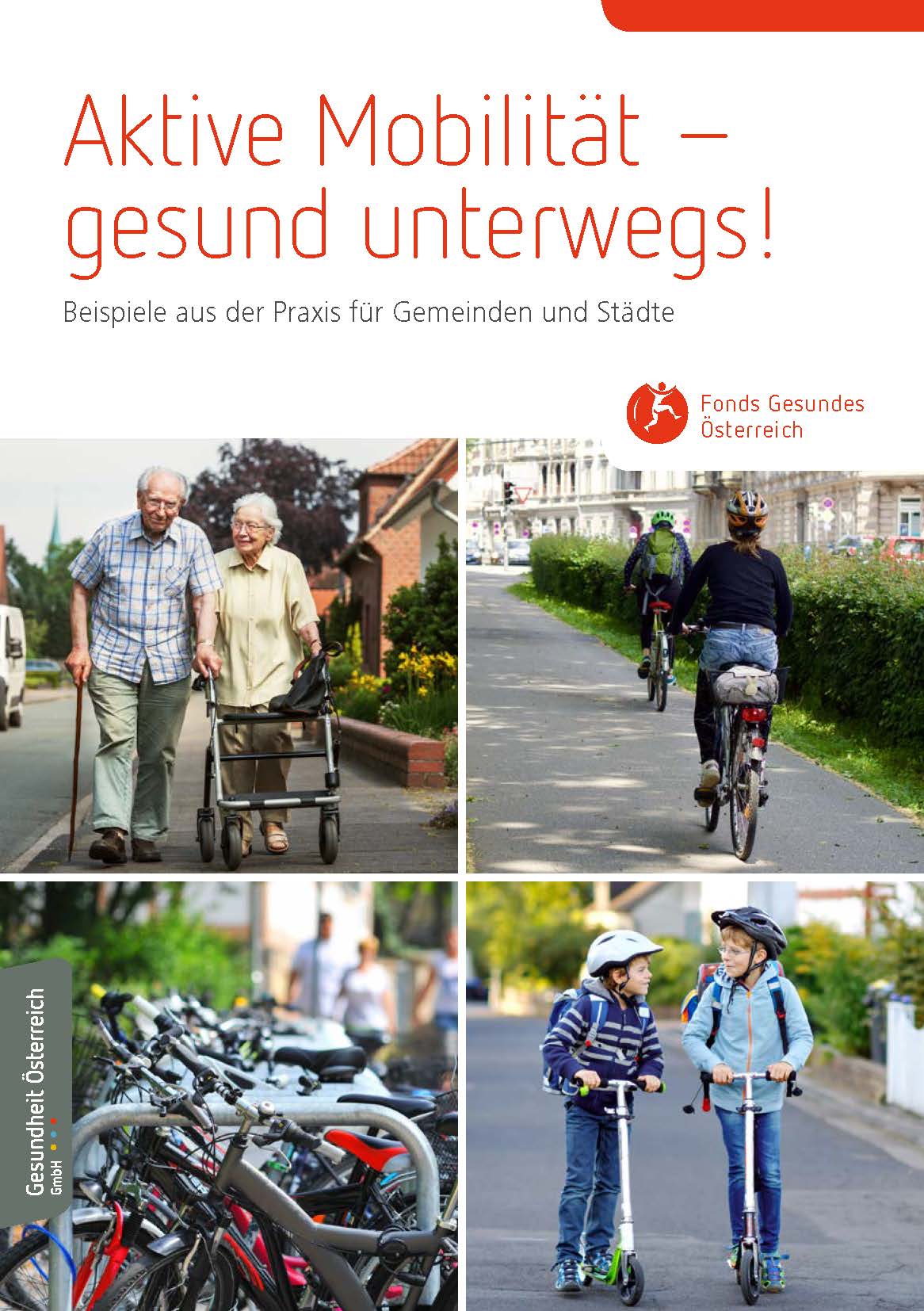 Titelseite Broschüre "Aktive Mobilität - gesund unterwegs! Beispiele aus der Praxis für Gemeinden und Städte"