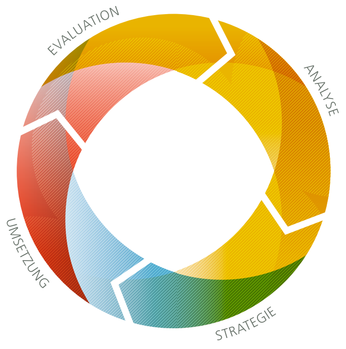 Grafik des Public Health Action Cycle mit den 4 Phasen: Strategie, Umsetzung, Evaluation und Analyse