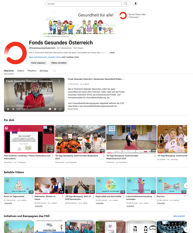 Screenshot der Startseite des YouTube Kanals