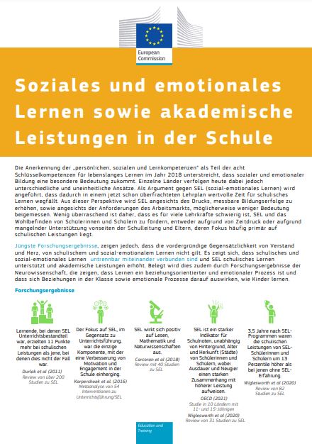 Titelblatt des Factsheets "Soziales und emotionales Lernen sowie akademische Leistungen in der Schule"