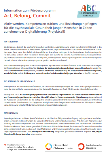 Titelblatt des Factsheets des Projektcalls Act, Belong, Commit