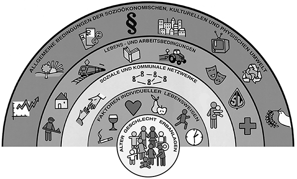 Grafik der Gesundheitsdeterminantn in Schwarz-Weiß