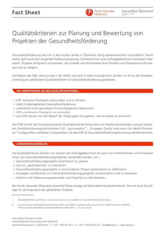 Titelblatt des Factsheets "Qualitätskriterien zur Planung und Bewertung von Projekten der Gesundheitsförderung"