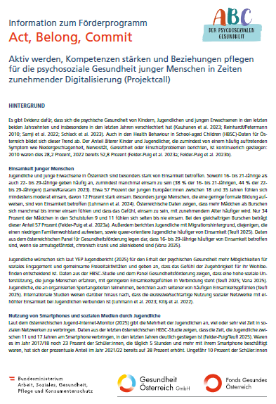 Titelblatt des Factsheets des Projektcalls Act, Belong, Commit (Langversion)