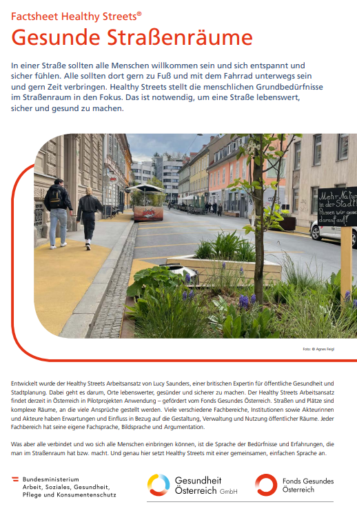 Titelblatt des Factsheets "Factsheet Healthy Streets® Gesunde Straßenräume"