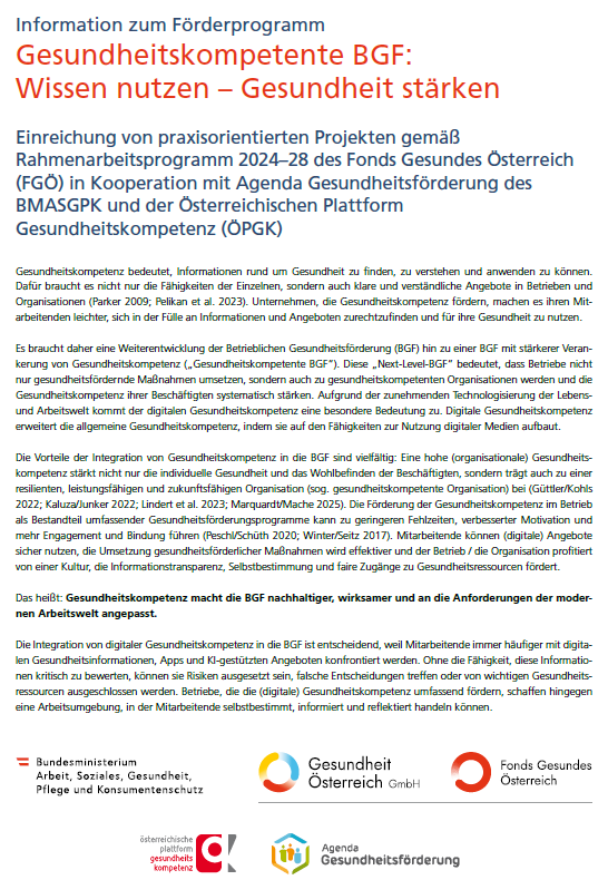Titelblatt des Factsheet zum Förderprogramm Gesundheitskompetente BGF: Wissen nutzen – Gesundheit stärken (Langversion)