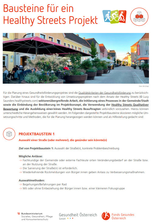 Titelblatt des Factsheets Bausteine für ein Healthy Streets Projekt