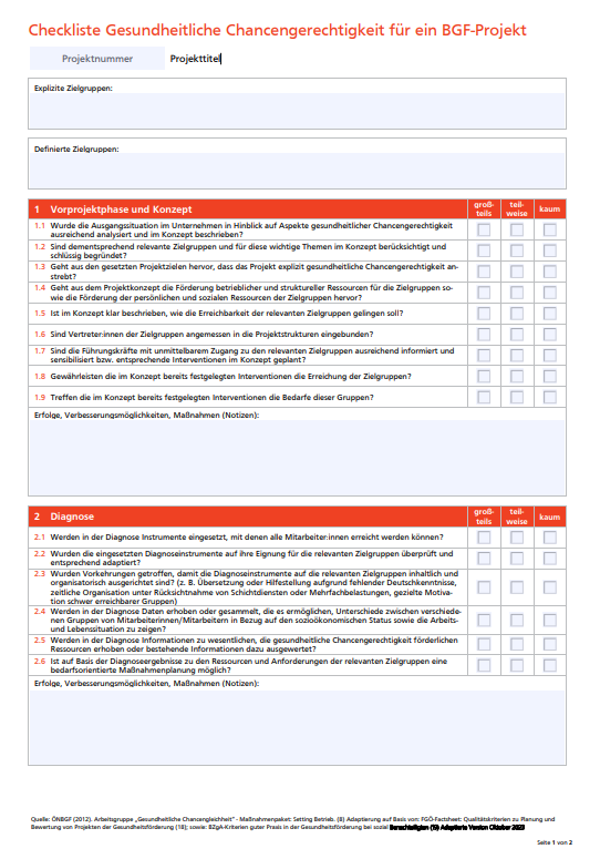Titelblatt der Checkliste Gesundheitliche Chancengerechtigkeit für ein BGF-Projekt