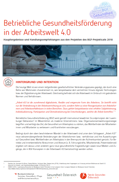 Titelblatt des Factsheets Betriebliche Gesundheitsförderung in der Arbeitswelt 4.0