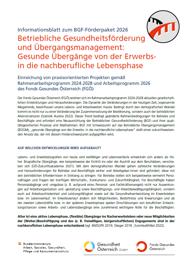 Titelblatt des Factsheets Betriebliche Gesundheitsförderung und Übergangsmanagement