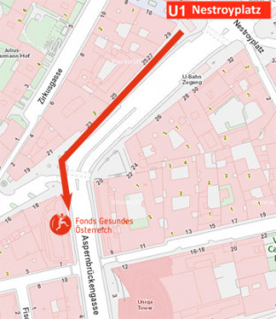 Stadtplan - gekennzeichnet ist der Fußweg von der U-Bahn zur Geschäftsstelle des FGÖ