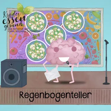 Screenshot des Videos, Brainy singt - im Hintergrund ein bunter Teller