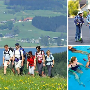 Menschen in Bewegung beim Wandern, Schwimmen, Roller fahren