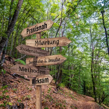 © Bildercollage Evotion GmbH (Сергей Лаврищев und MicroTee / stock.adobe.com) Wegweiser mit Begriffen aus der Gesundheitsförderung