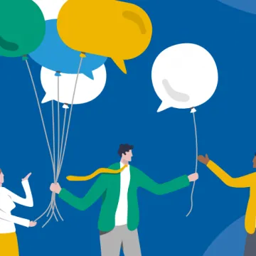 Menschen reichen sich schwebende Luftballone