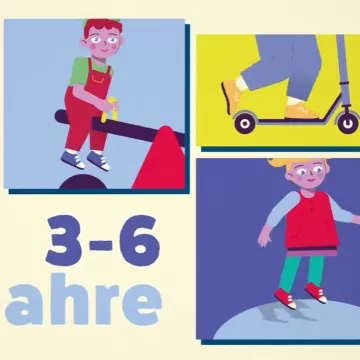 Screenshot eines Videos mit Kindern beim Schaukeln, Rollerfahren und Tramplinhüpfen