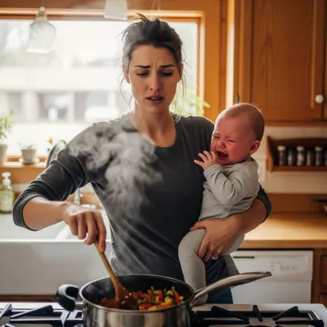 Gestresste Mutter mit Baby beim Kochen