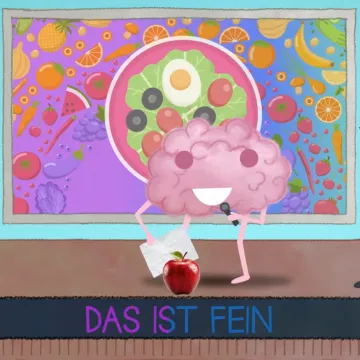 Screenshot des Videos, Brainy sind im Hintergrund ein bunter Teller