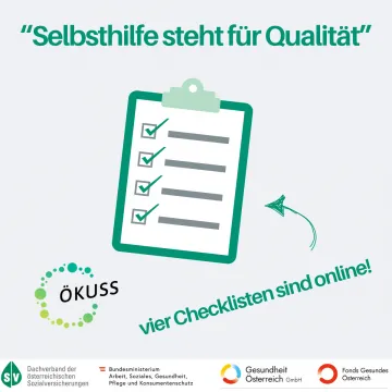 Grafik einer Checkliste, daneben der Hinweis "vier Checklisten sind online".  Die Überschrift lautet "Selbsthilfe steht für Qualität".  