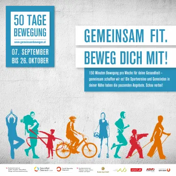 Sujetbild der Initiative 50 Tage Bewegung - Menschen unterschiedlichen Alters üben unterschiedliche Bewegungsformen aus