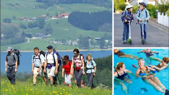 Menschen in Bewegung beim Wandern, Schwimmen, Roller fahren
