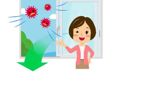 Zeichnung: durch das Lüften werden Viren aus dem Innenraum entfern
