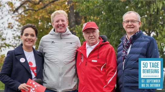 Gruppenfoto Eva Pölzl (ORF), Peter McDonald (SPORTUNION), Peter Korecky (ASKÖ LV Wien), Klaus Ropin (FGÖ)r Abschlussveranstaltung am 26.10.2024