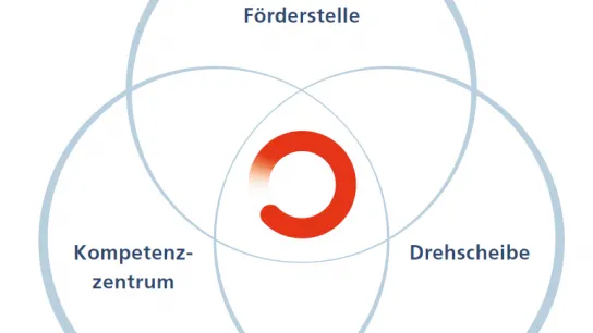 Grafik:Die drei Rollen des FGÖ: Förderstelle, Kompetenzzentrum und Drehscheibe