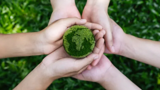 Hände halten Weltkugel aus Pflanzen