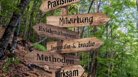 Wegweiser mit Begriffen aus der Gesundheitsförderung