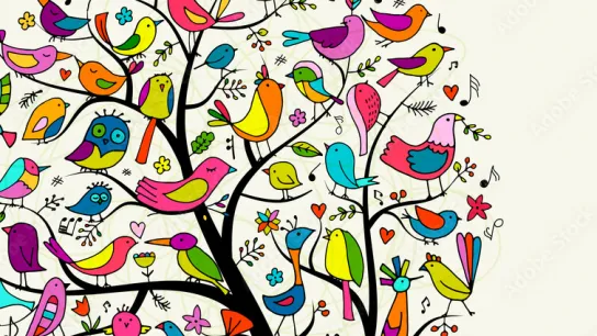Grafik eines Baums mit vielen Vögeln