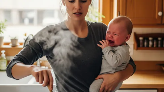 Gestresste Mutter mit Baby beim Kochen